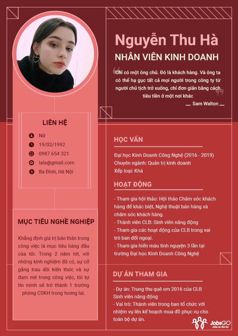 Mẫu CV Nh&acirc;n Vi&ecirc;n Kinh Doanh