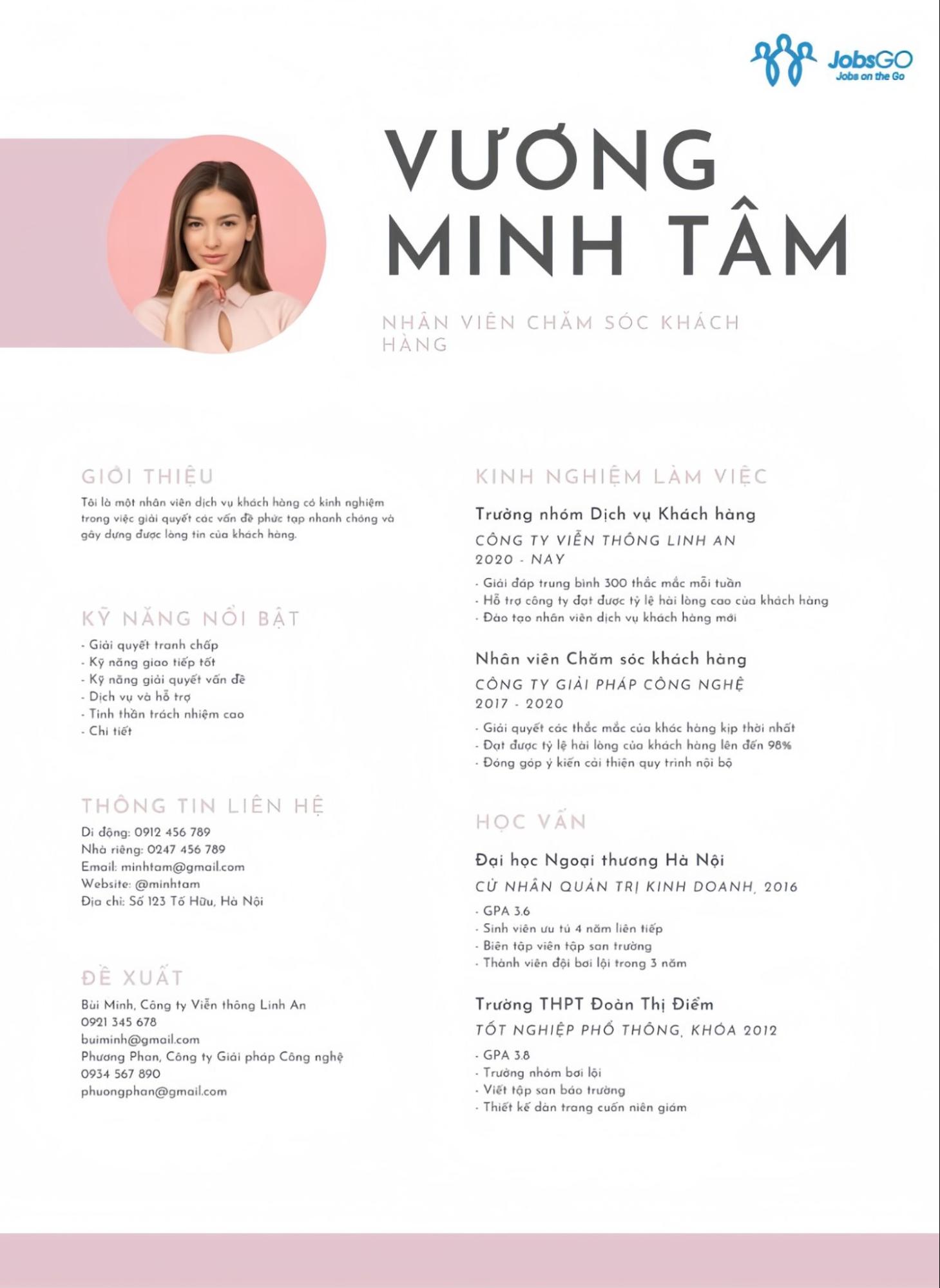 Mẫu CV Chăm S&oacute;c Kh&aacute;ch H&agrave;ng